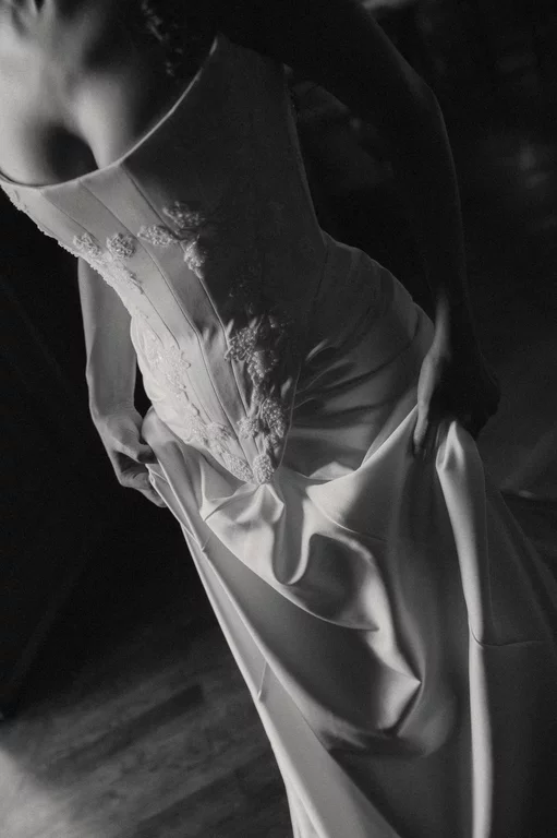 Luxury bridal gown details photographed during a destination wedding in Europe